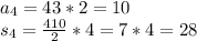 a_{4}=4 + 3 * 2 = 10\\s_{4} = \frac{4+10}{2}*4=7*4= 28