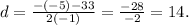 d = \frac{ - ( - 5) - 33}{2( - 1)} = \frac{ - 28}{ - 2} = 14.