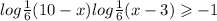 log \frac{1}{6} (10 - x) + log \frac{1}{6}(x - 3) \geqslant - 1