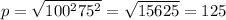 p = \sqrt{100 {}^{2} + 75 {}^{2} } = \sqrt{15625} = 125