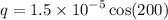 q = 1.5 \times {10}^{ - 5} \cos(200) 