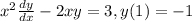 x^{2} \frac{dy}{dx}-2xy=3, y(1)=-1