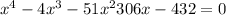 x^{4} -4x^{3} -51x^{2} +306x-432=0