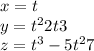 x = t \\ y = {t}^{2} + 2t + 3 \\ z = {t}^{3} - 5 {t}^{2} + 7