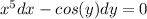 x {}^{5} dx - cos(y) dy = 0