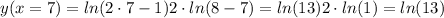 y(x = 7) = ln(2 \cdot 7 - 1) + 2 \cdot ln(8 - 7) = ln(13) + 2 \cdot ln(1) = ln(13)