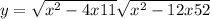 y=\sqrt{x^2-4x+11} +\sqrt{x^2-12x+52}