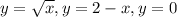 y=\sqrt{x}, y=2-x, y=0