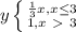 y\left \{ {{\frac{1}{3}x, x\leq3 } \atop {1, x\ \textgreater \ 3}} \right.