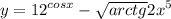 y = {12}^{cosx} - \sqrt{arctg} + {2x}^{5} 