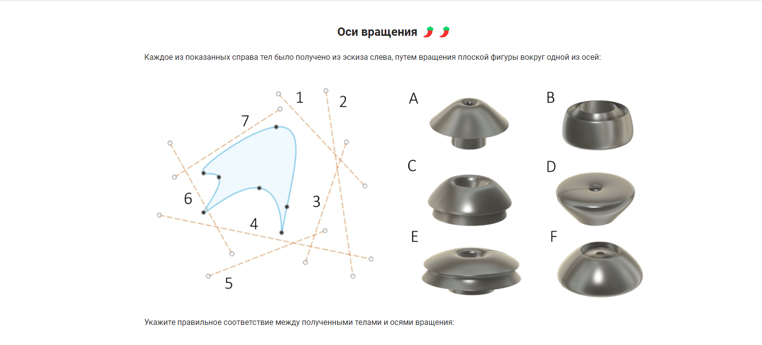 Оси вращения 

Каждое из показанных справа тел было получено из эскиза слева, путем вращения плоской