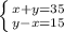 \left \{ {{x+y=35} \atop {y-x=15 }} \right