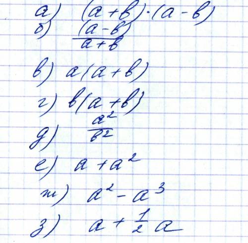 Запишите с букв: а) произведение суммы двух чисел на их разность б) отношение разности двух чисел к