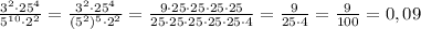 \frac{3^{2}\cdot25^{4}}{5^{10}\cdot2^{2}}=\frac{3^{2}\cdot25^{4}}{(5^{2})^{5}\cdot2^{2}}= \frac{9\cdot25\cdot25\cdot25\cdot25}{25\cdot25\cdot25\cdot25\cdot25\cdot4}=\frac{9}{25\cdot4}=\frac{9}{100}=0,09