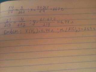 2al+6hcl=2alcl3 + h2 вычислите объем выделившегося газа и массу соли, полученной в реакции,если для