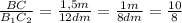  \frac{BC}{B_1C_2} = \frac{1,5m}{12dm} = \frac{1m}{8dm} = \frac{10}{8} 