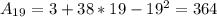 A_{19}=3+38*19-19^2=364