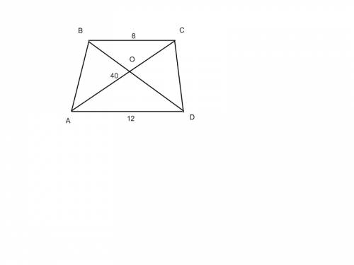 Втрапеции abcd bc и ad равны 8 и 12 см. диагональ ac=40 и пересекает bd в точке o. найти ao, co, отн