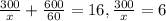  \frac{300}{x}+ \frac{600}{60} =16, \frac{300}{x} =6