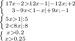 \left\{ {{17x-212x-1|-12x;+2}\atop{3-9x<1-x|+9x;-1}}\right.\\\left\{ {{5x1|:5}\atop{2<8x|:8}}\right.\\\left\{ {{x0.2}\atop{x0.25}}\right.