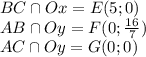 BC\cap Ox=E(5;0)\\AB\cap Oy=F(0;\frac{16}7)\\AC\cap Oy=G(0;0)