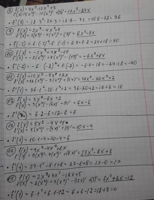 Производная и ее применение. найти значение: 1. f' (-2), если f (x)=2x³- 4x²+9 2. f' (2), если f (x)