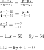 \frac{x-x_A}{x_B-x_A}=\frac{y-y_A}{y_B-y_A}\\\\\frac{x-(-5)}{4-(-5)}=\frac{y-6}{-5-6}\\\\\frac{x+5}9=\frac{y-6}{-11}\\\\-11x-55=9y-54\\\\11x+9y+1=0