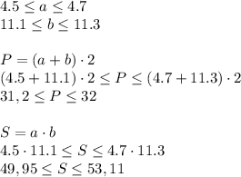 4.5\leq a\leq4.7\\11.1\leq b\leq11.3\\\\P=(a+b)\cdot2\\(4.5+11.1)\cdot2\leq P\leq(4.7+11.3)\cdot2\\31,2\leq P\leq32\\\\S=a\cdot b\\4.5\cdot11.1\leq S\leq4.7\cdot11.3\\49,95\leq S\leq53,11