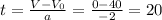 t=\frac{V-V_0}{a}=\frac{0-40}{-2}=20