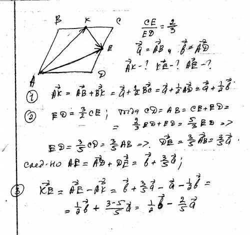 На сторонах bc и cd параллелограмма abcd отмечены точки k и e так, что bk=kc,ce: ed=2: 3.выразите ве
