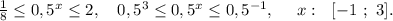 \frac{1}{8}\leq0,5^x\leq2,\ \ \ 0,5^3\leq0,5^x\leq0,5^{-1},\ \ \ \ x:\ \ [-1\ ;\ 3].