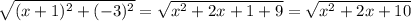 \sqrt{(x+1)^{2}+(-3)^{2}}=\sqrt{x^{2}+2x+1+9}=\sqrt{x^{2}+2x+10}