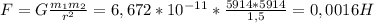 F=G\frac{m_1m_2}{r^{2}}=6,672*10^{-11}*\frac{5914*5914}{1,5}=0,0016H