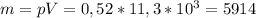 m=pV=0,52*11,3*10^{3}=5914