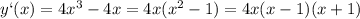 y`(x)=4x^{3}-4x=4x(x^{2}-1)=4x(x-1)(x+1)