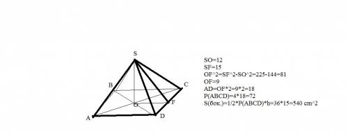 Высота правильной четырёхугольной пирамиды равна 12 см, а апофема- 15см. вычислите боковую поверхнос