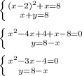 \left \{ {{(x-2)^2+x=8} \atop {x+y=8}} \right. \\ \\ \left \{ {{x^2-4x+4+x-8=0} \atop {y=8-x}} \right. \\ \\ \left \{ {{x^2-3x-4=0} \atop {y=8-x}} \right.