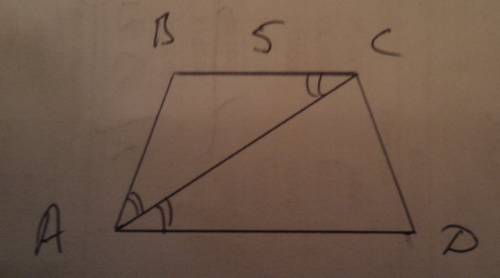Периметр равнобокой трапеции abcd равен 23, а основание bc - 5. найдите ad, если диагональ ac - бисс