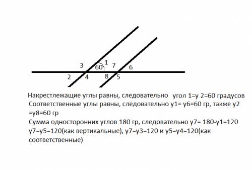 Один из углов ,образованных при пересечении двух паралельных прямых третьей прямой ,равен 60градусов