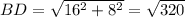 BD=\sqrt{16^2+8^2}=\sqrt{320}