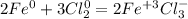 2Fe^0 + 3Cl_2^0 = 2Fe^{+3}Cl_3^-