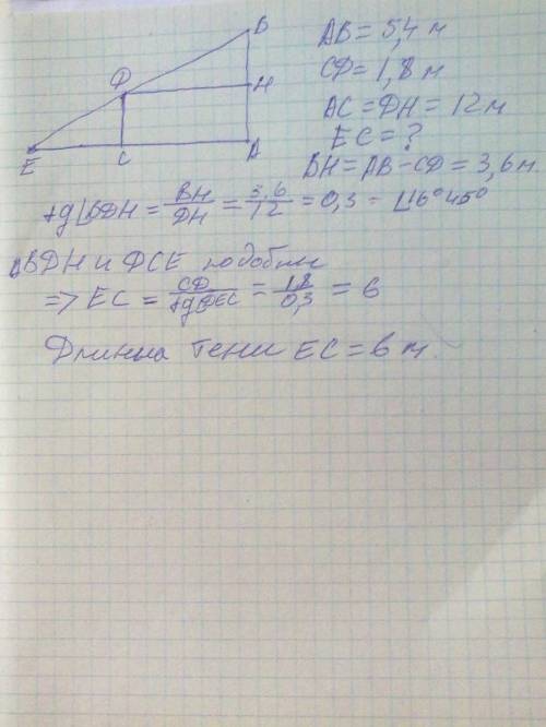 Ростом 1,8 м стоит на расстоянии 12 м от столба, на котором висит фонарь на высоте 5,4 м. найдите дл