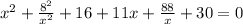 x^{2}+\frac{8^{2}}{x^{2}}+16+11x+\frac{88}{x}+30=0