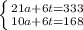 \left \{ {{21a+6t=333} \atop {10a+6t=168}} \right