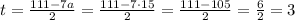 t=\frac{111-7a}{2}=\frac{111-7\cdot15}{2}=\frac{111-105}{2}=\frac{6}{2}=3