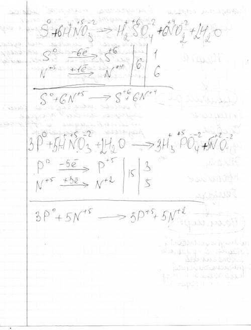 Расставьте коэффициенты методом электронного : 1) s+ hno3 -> h2so4+no2+h2o ; 2) p+hno3+h2o -> 