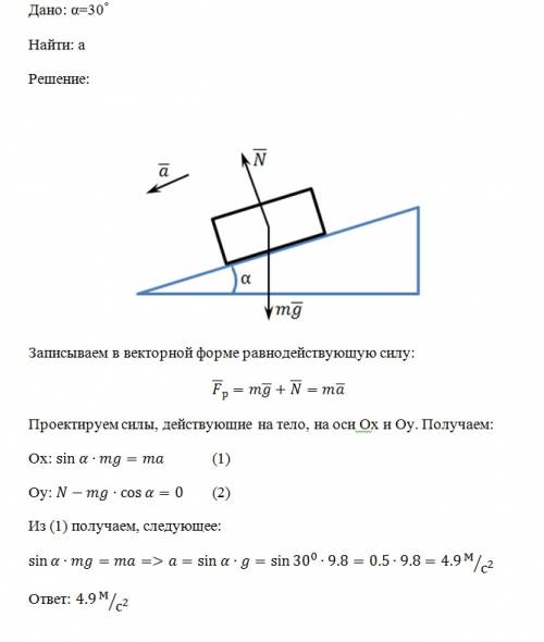 Брусок начинает с наклонной плоскости, имеющий угол наклона 30 градусов. найдие ускорение, с которым