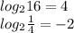 log_2 16=4 \\ log_2 \frac{1}{4}=-2