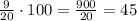 \frac{9}{20}\cdot100=\frac{900}{20}=45