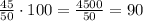 \frac{45}{50}\cdot100=\frac{4500}{50}=90